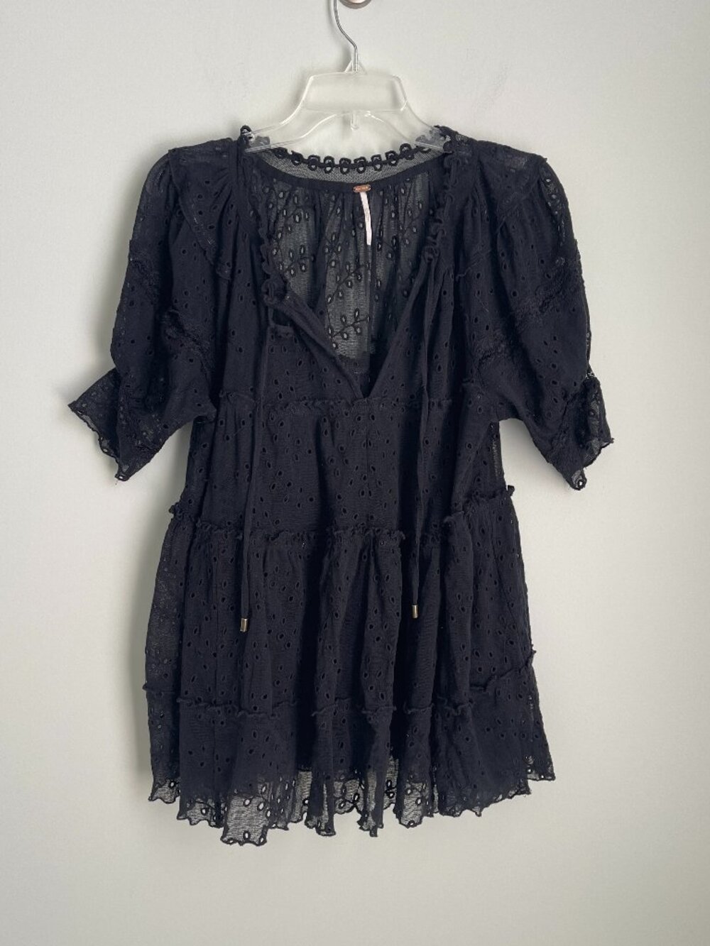 Free People Black Heartland's Eyelet Baby Doll Top Lace Semi Sheer